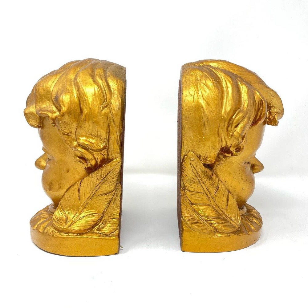 Vintage Gold Child Head Bookends Set Bronze Color Heavy Cherub - Picture 2 of 7